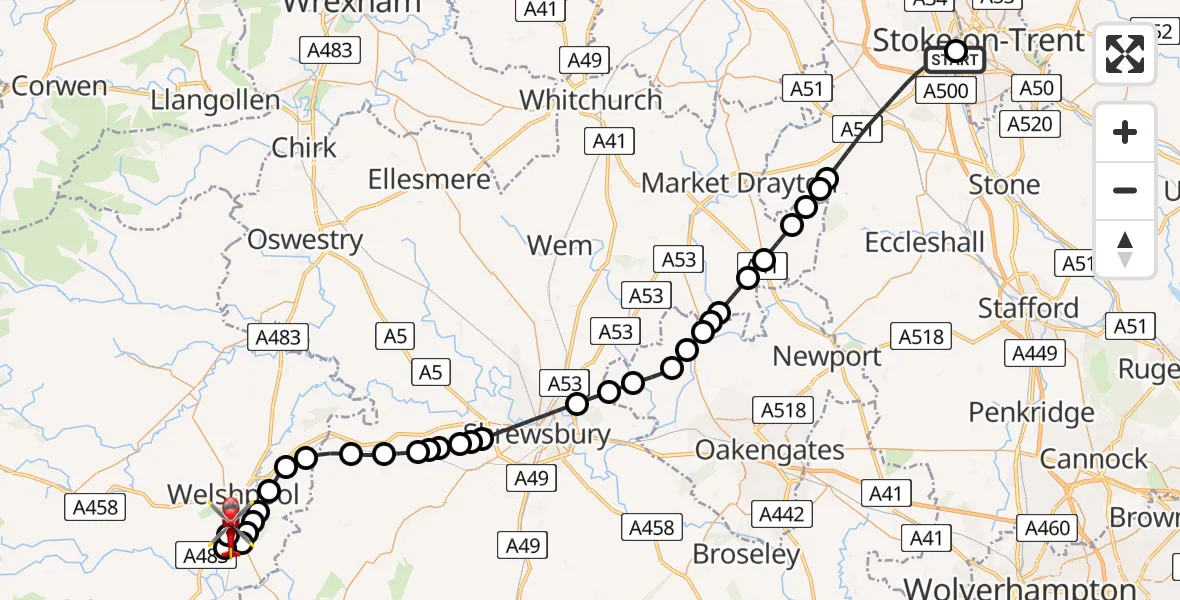 Flight route Air Ambulance Helicopter University Hospital North Staffs - Welshpool Airport, 19 July 2026, 18:49