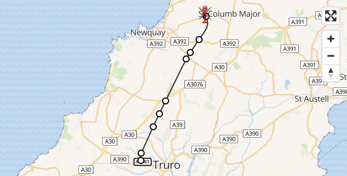 Flight route Air Ambulance Helicopter Treliske Hospital - Cornwall Airport Newquay, 19 July 2026, 18:51