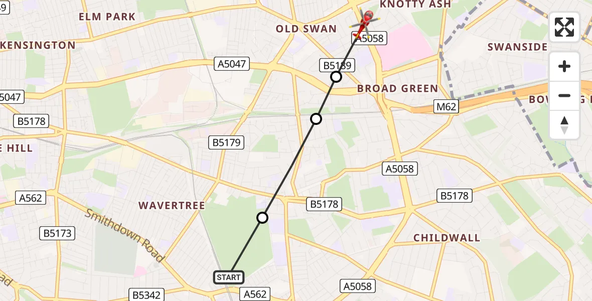 Flight route Air Ambulance Helicopter Wavertree - Broad Green, 19 July 2026, 18:58