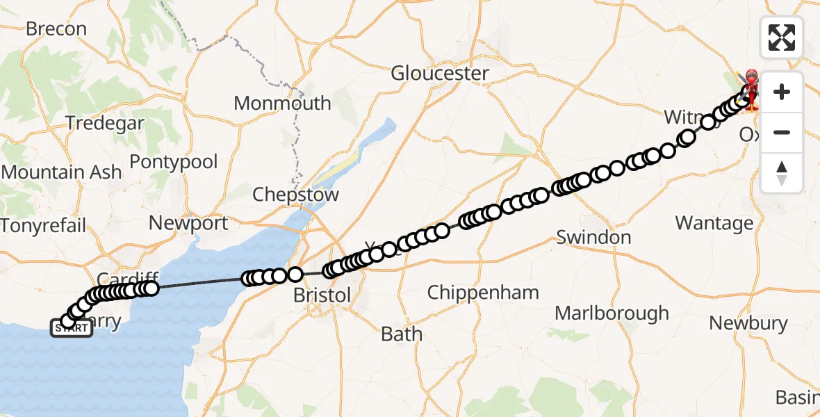 Flight route Air Ambulance Helicopter Cardiff International Airport - London Oxford Airport, 19 July 2026, 18:59