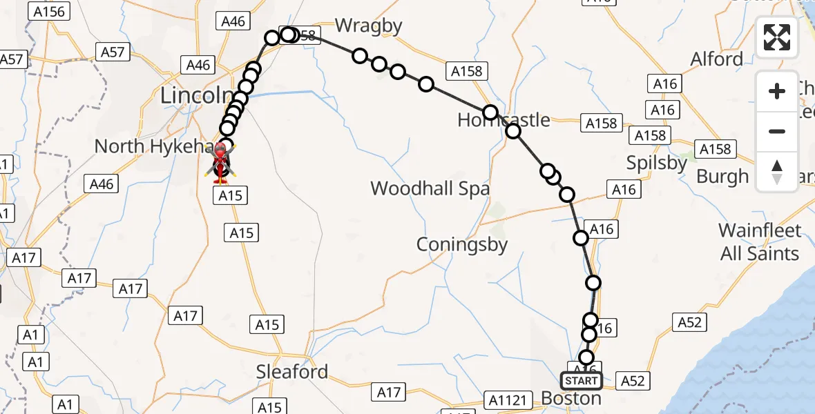Flight route Air Ambulance Helicopter Boston - North Kesteven, 19 July 2026, 19:03