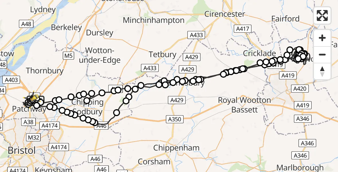 Flight route Police Helicopter Almondsbury Helicopter Base - Woodlands, 19 July 2026, 19:14
