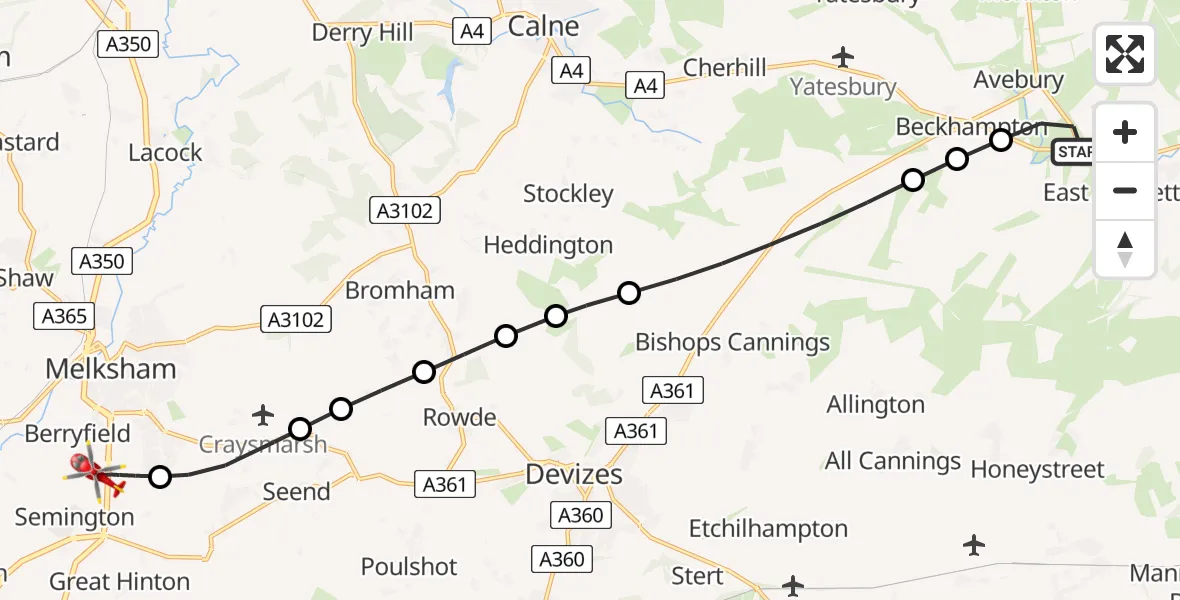 Flight route Air Ambulance Helicopter Avebury - Melksham, 19 July 2026, 19:14