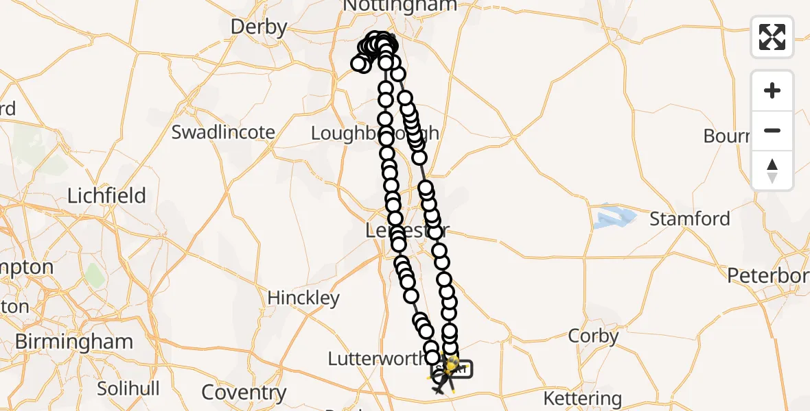 Flight route Police Helicopter Husbands Bosworth Airfield - Harborough, 19 July 2026, 19:14