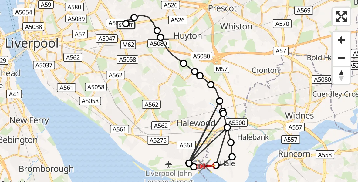 Flight route Air Ambulance Helicopter Knotty Ash - Hale, 19 July 2026, 19:25