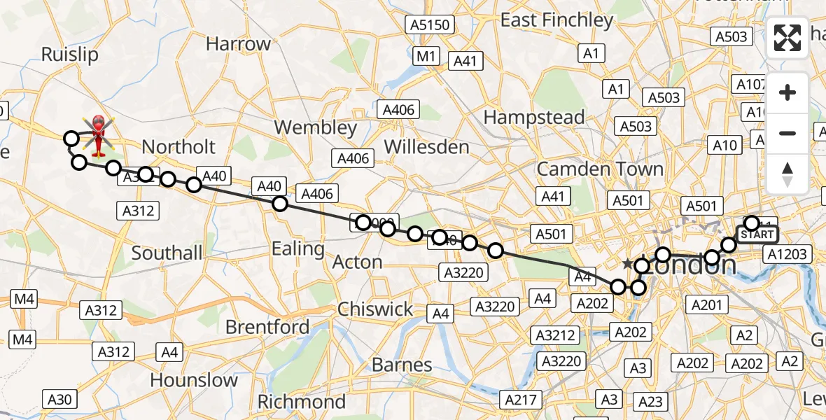 Flight route Air Ambulance Helicopter Royal London Hospital - RAF Northolt, 19 July 2026, 19:42