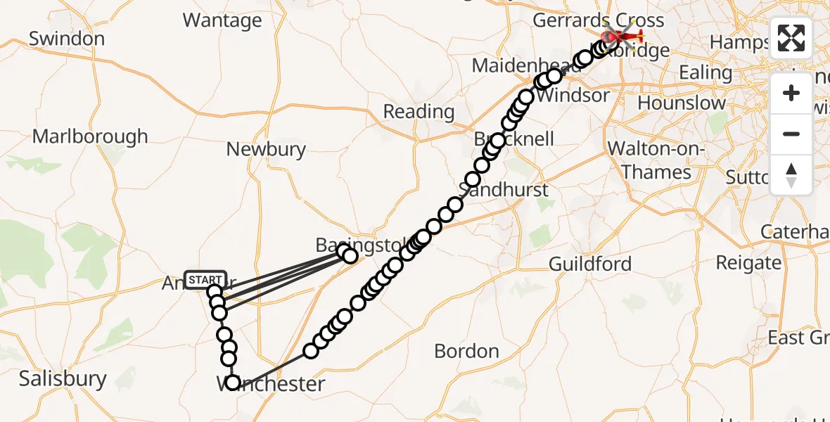 Flight route Air Ambulance Helicopter Andover - Denham, 19 July 2026, 19:54