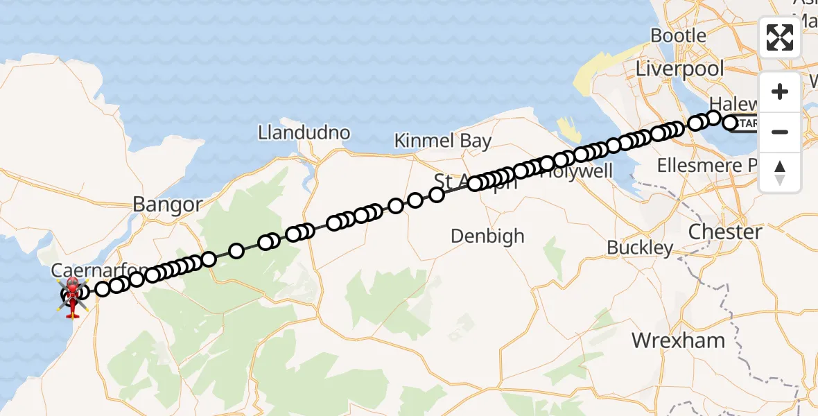Flight route Air Ambulance Helicopter Liverpool John Lennon Airport - Caernarfon Airport, 19 July 2026, 20:11
