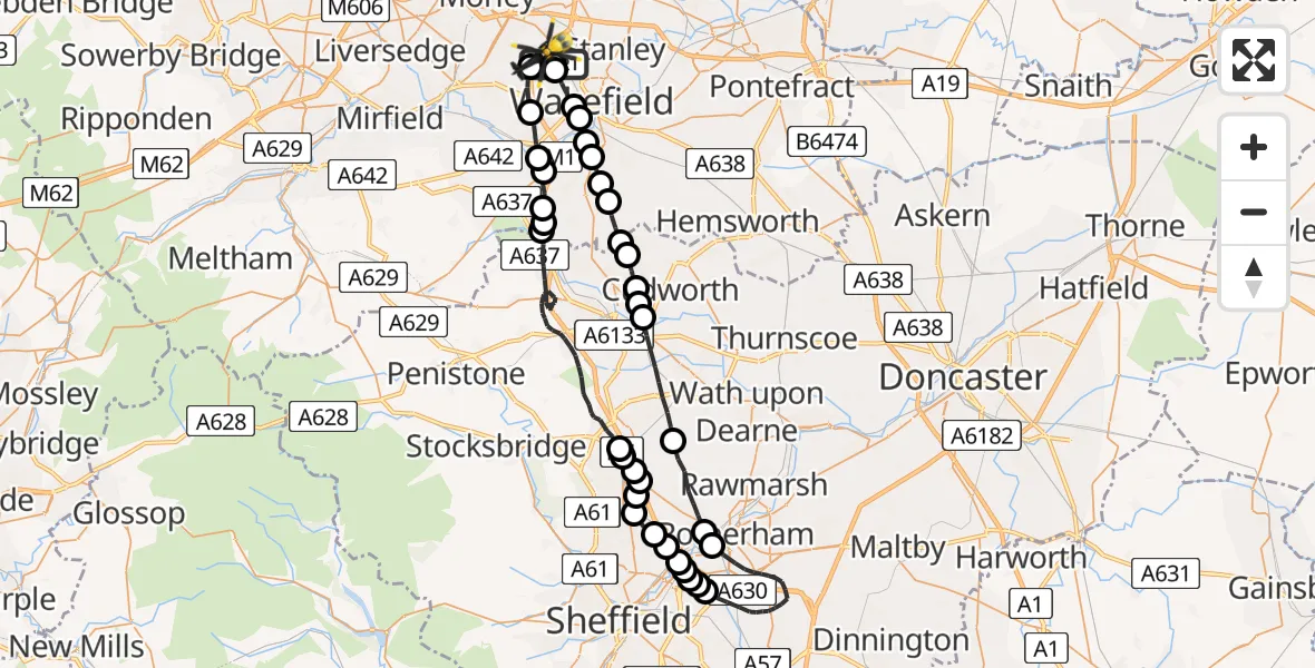 Flight route Police Helicopter Wrenthorpe - East Ardsley, 19 July 2026, 20:33