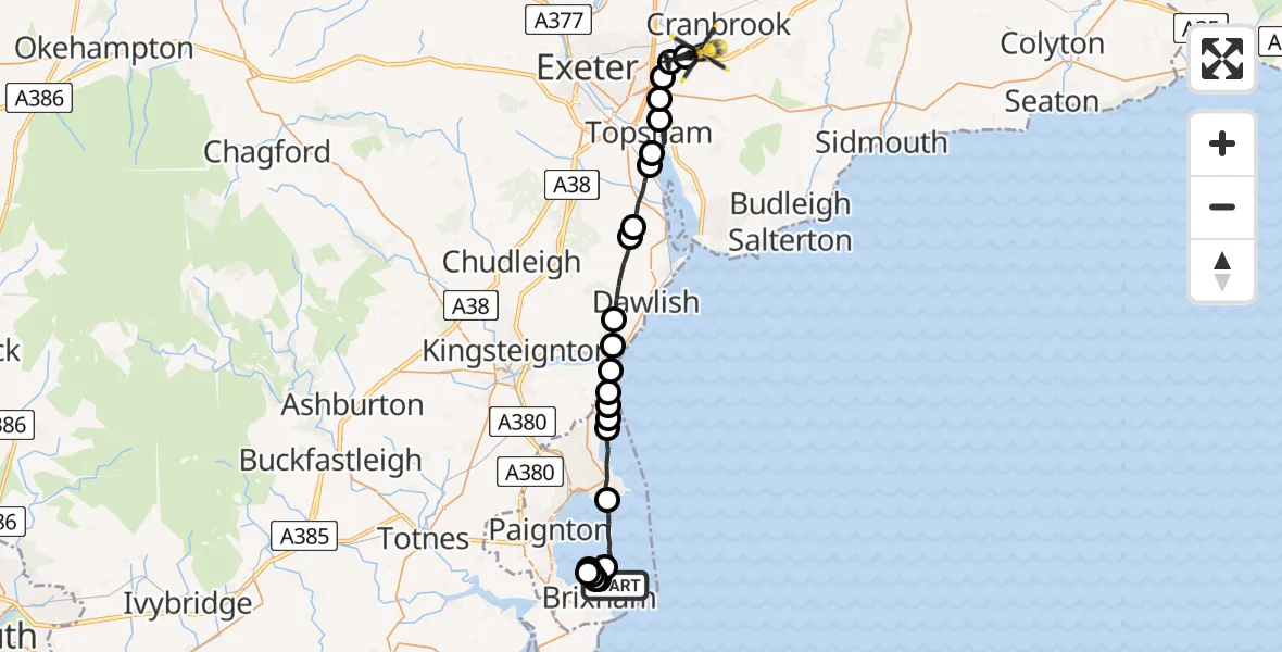 Flight route Police Helicopter Brixham - Exeter International Airport, 19 July 2026, 20:36