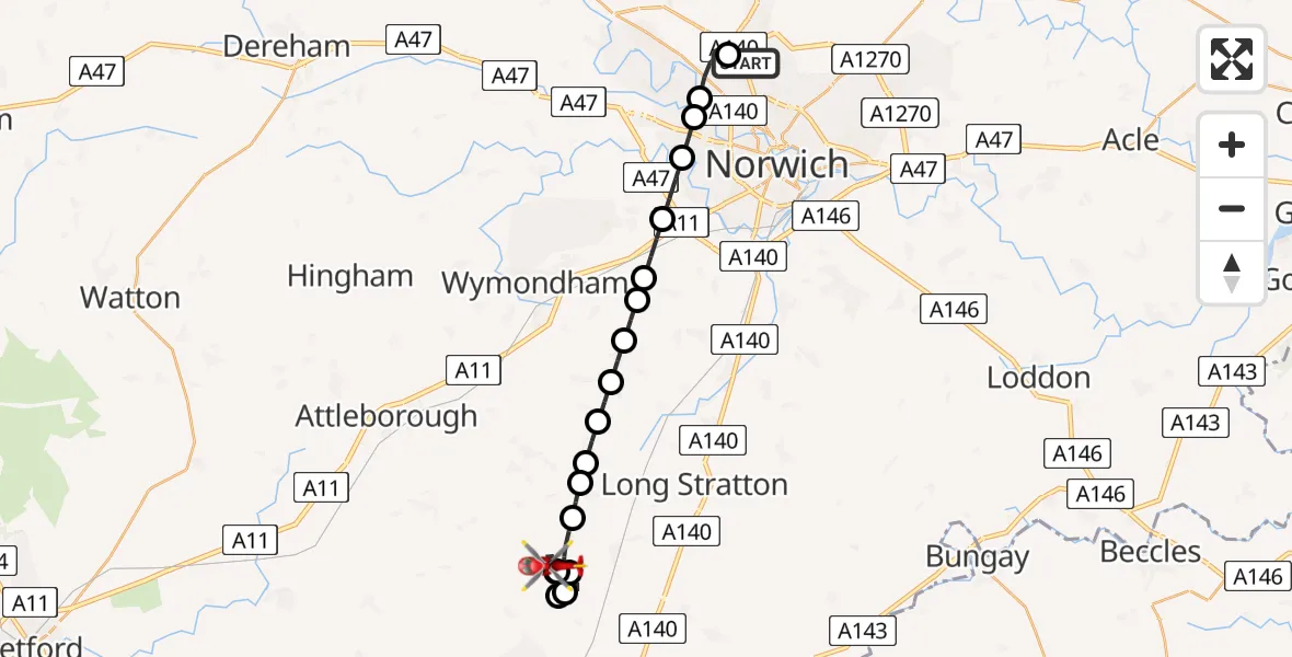 Flight route Air Ambulance Helicopter Norwich Airport - Priory Farm Airstrip, 19 July 2026, 20:51