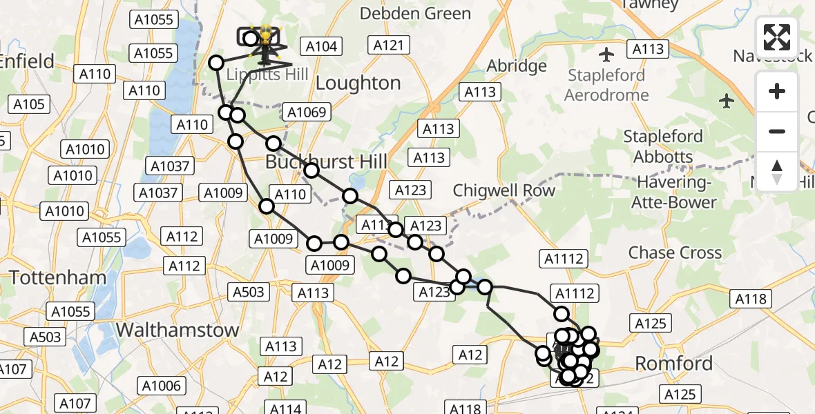 Flight route Police Helicopter Metropolitan Police Air Support Unit Lippitts Hill - Sewardstonebury, 19 July 2026, 20:52