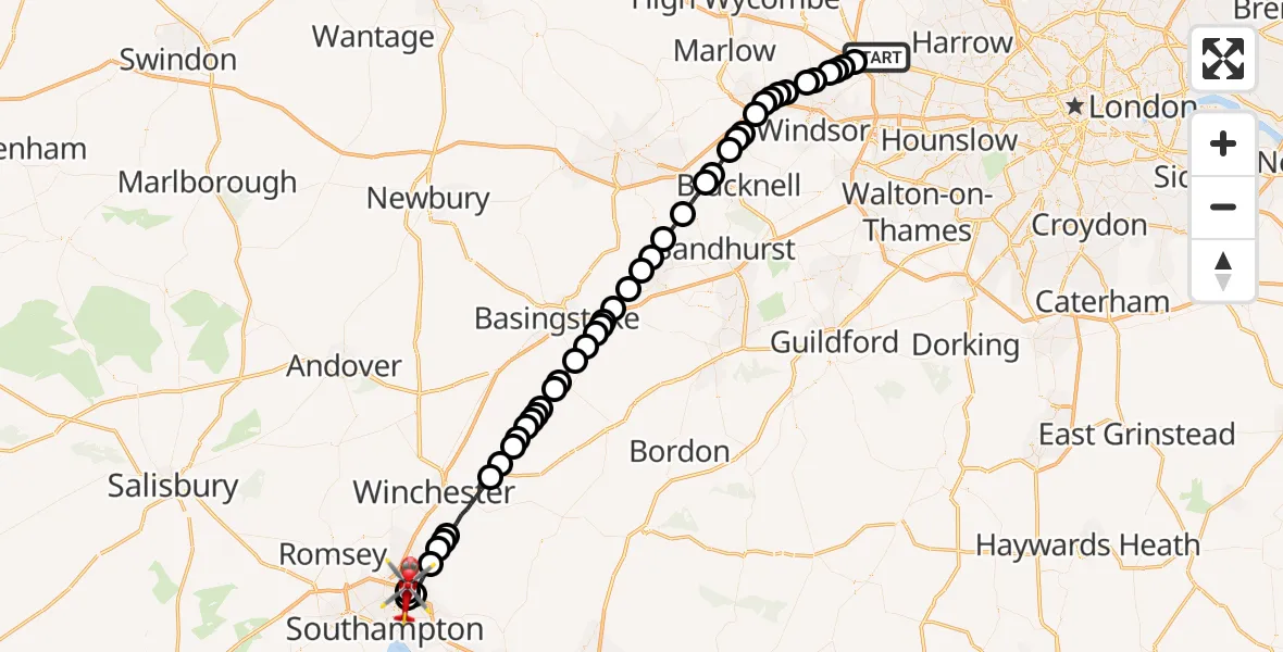 Flight route Air Ambulance Helicopter Denham - Southampton Airport, 19 July 2026, 21:08