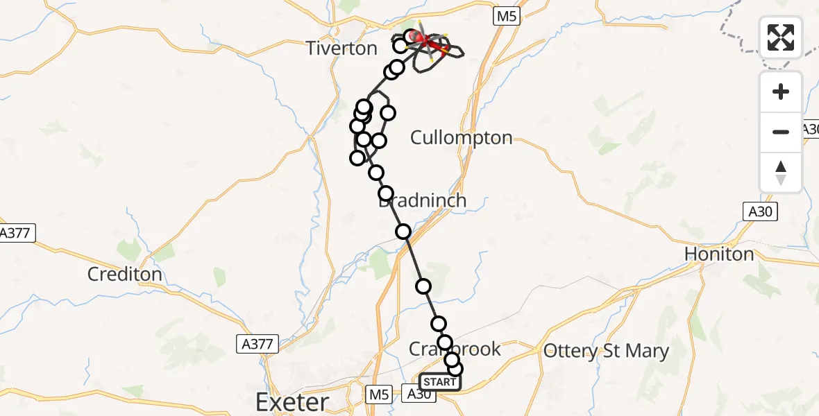 Flight route Air Ambulance Helicopter Exeter International Airport - Halberton, 19 July 2026, 21:11