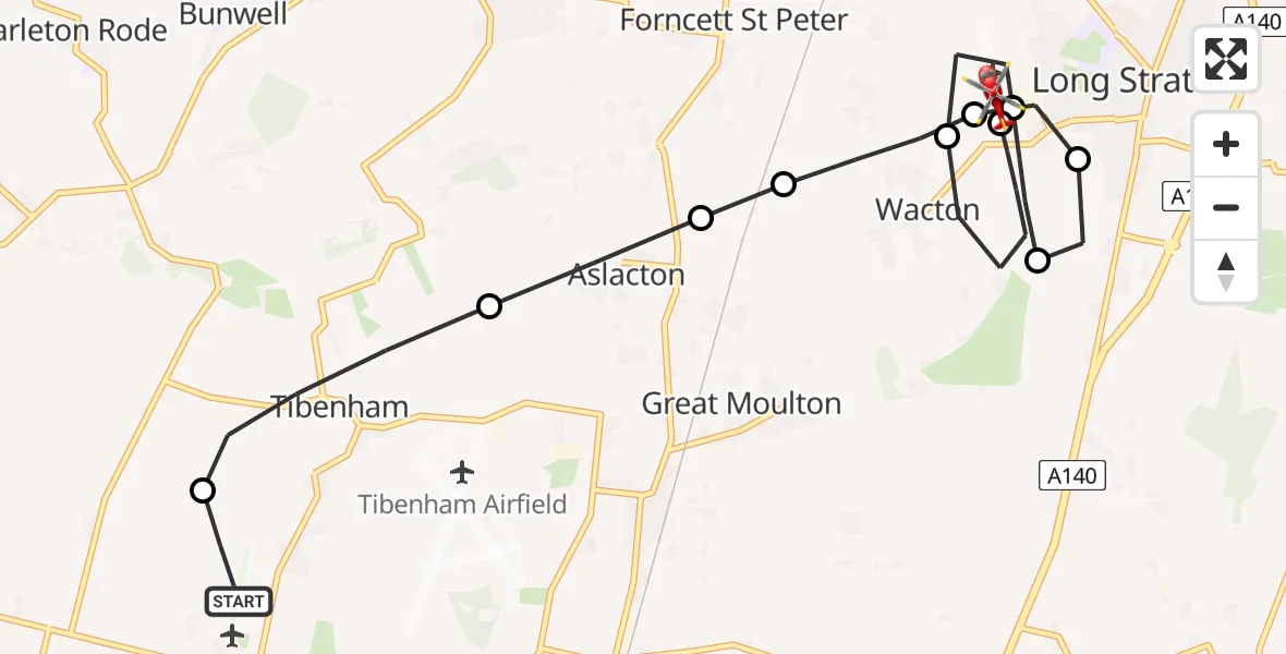 Flight route Air Ambulance Helicopter Priory Farm Airstrip - Long Stratton Airstrip, 19 July 2026, 21:12