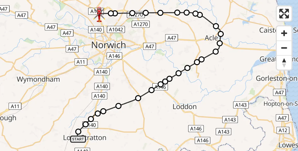 Flight route Air Ambulance Helicopter Long Stratton Airstrip - Norwich Airport, 19 July 2026, 21:24
