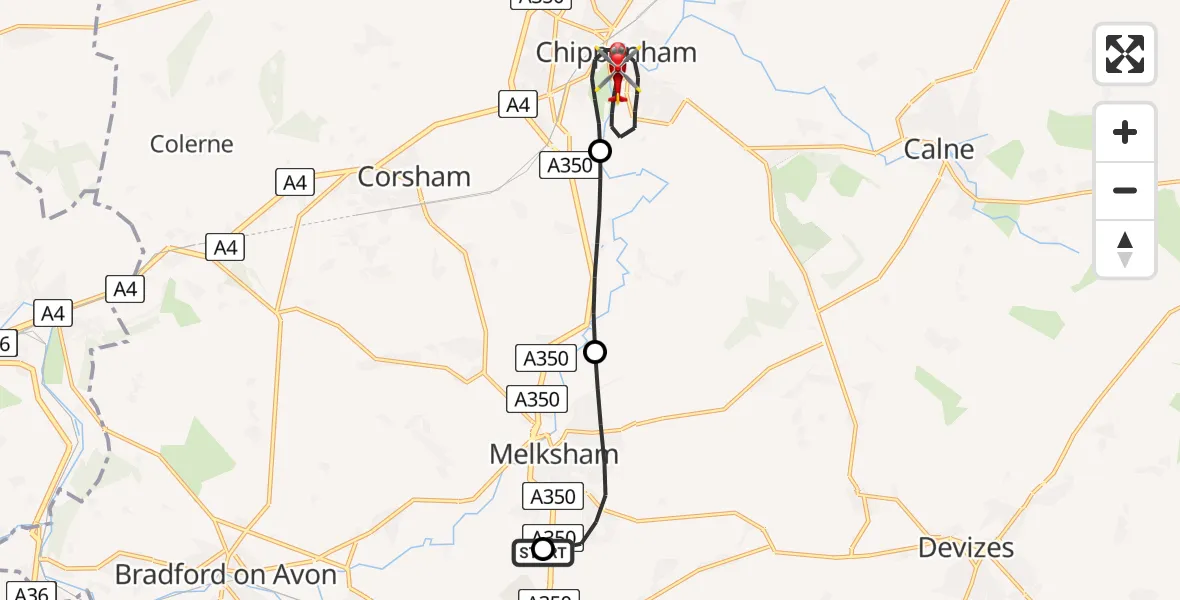 Flight route Air Ambulance Helicopter Wiltshire Air Ambulance - Chippenham, 19 July 2026, 21:38