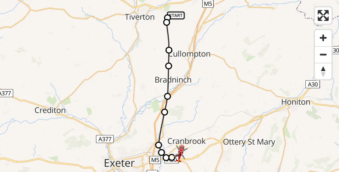 Flight route Air Ambulance Helicopter Halberton - Exeter International Airport, 19 July 2026, 21:45