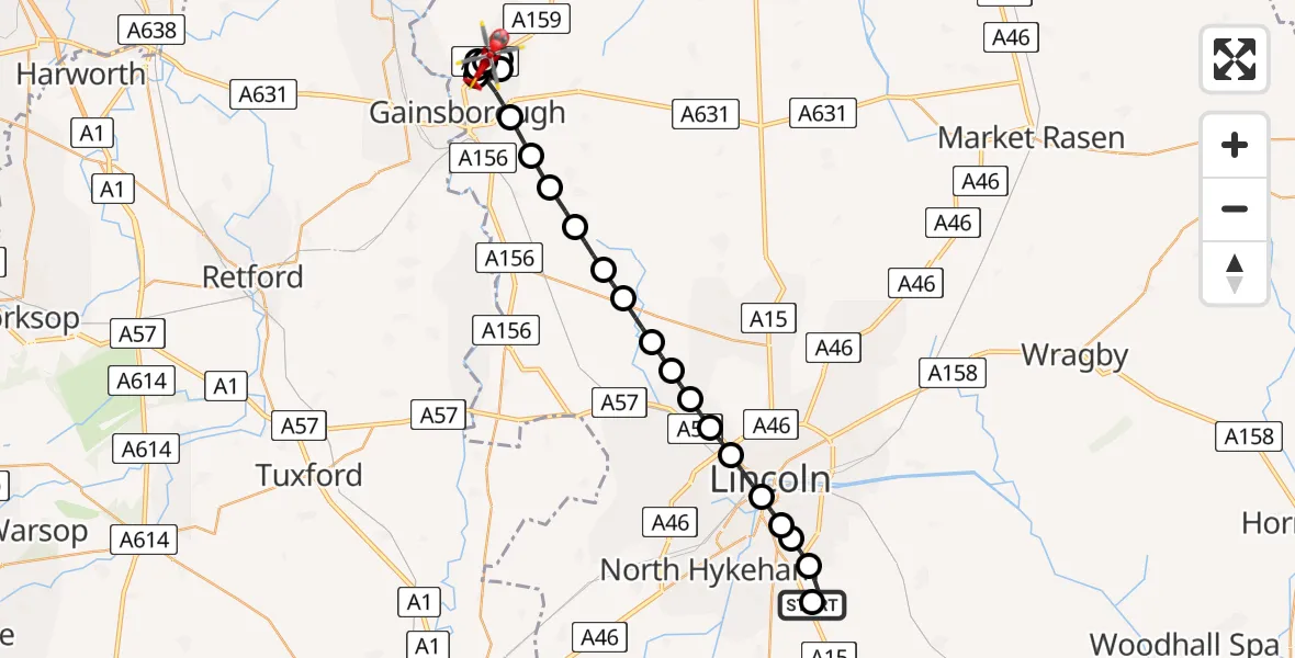 Flight route Air Ambulance Helicopter RAF Waddington - Morton, 19 July 2026, 21:46