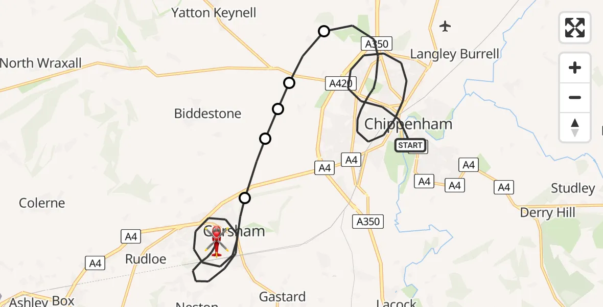 Flight route Air Ambulance Helicopter Chippenham - Corsham, 19 July 2026, 21:55