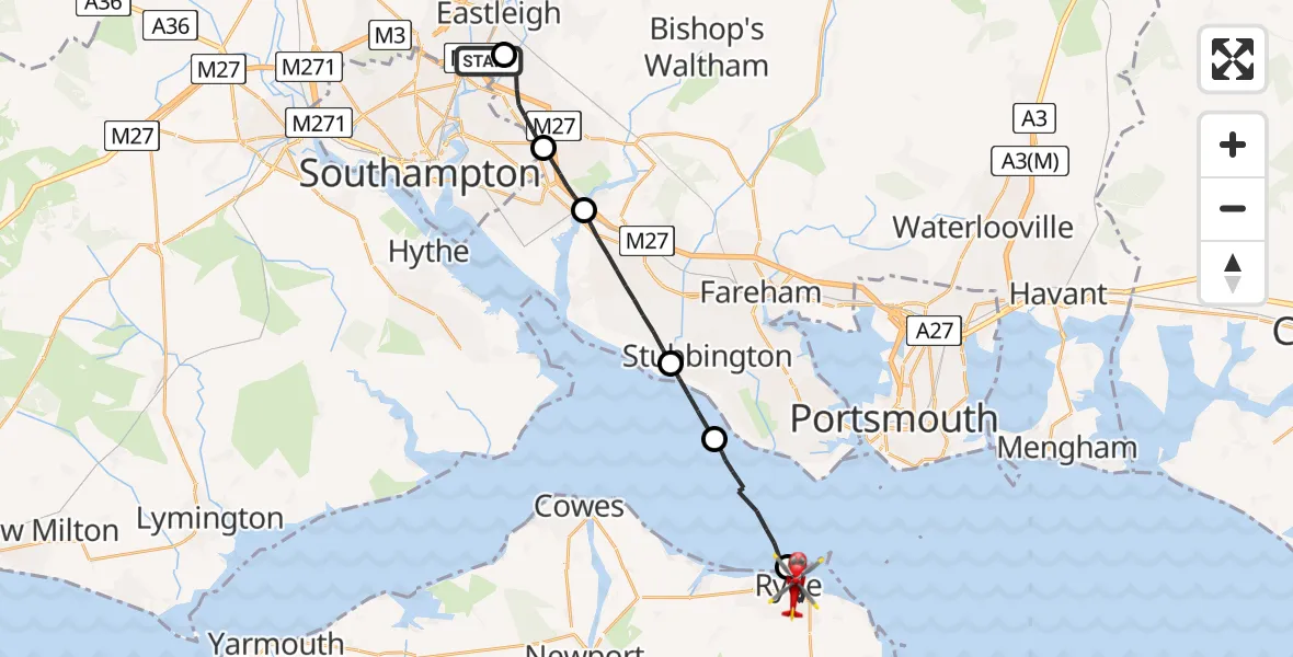 Flight route Air Ambulance Helicopter Southampton Airport - Ryde, 19 July 2026, 22:08
