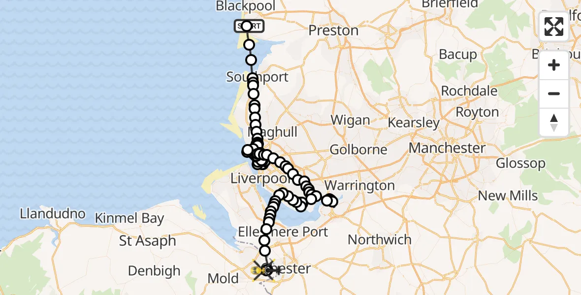 Flight route Police Helicopter Blackpool Airport - Hawarden Airport, 19 July 2026, 22:11