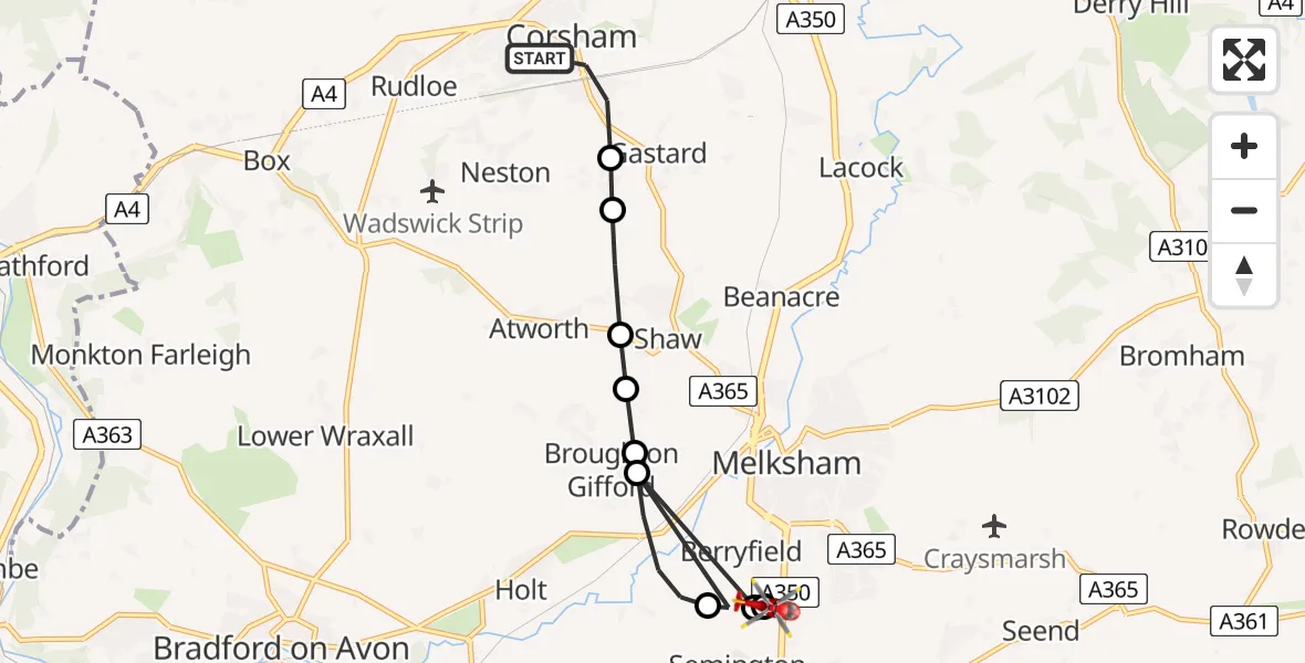 Flight route Air Ambulance Helicopter Corsham - Melksham, 19 July 2026, 22:12