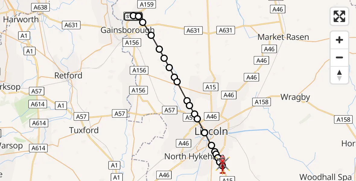 Flight route Air Ambulance Helicopter West Lindsey - North Kesteven, 19 July 2026, 22:44