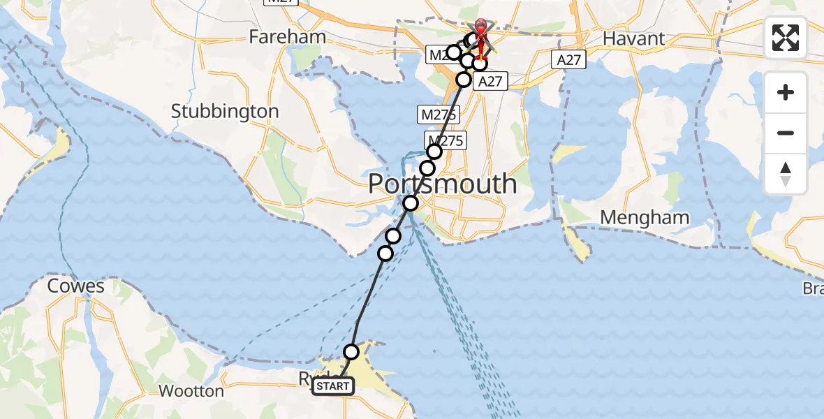 Flight route Air Ambulance Helicopter Ryde - Queen Alexandra Hospital, 19 July 2026, 22:52
