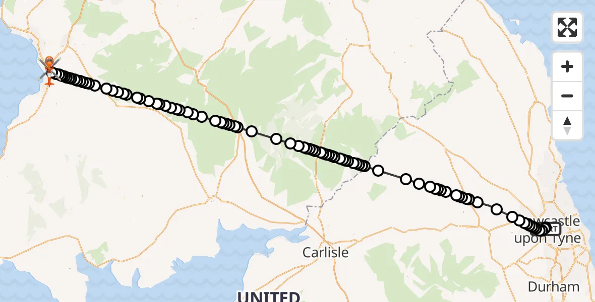 Flight route Coastguard Helicopter Newcastle Royal Victoria Infirmary - Glasgow Prestwick Airport, 19 July 2026, 22:54