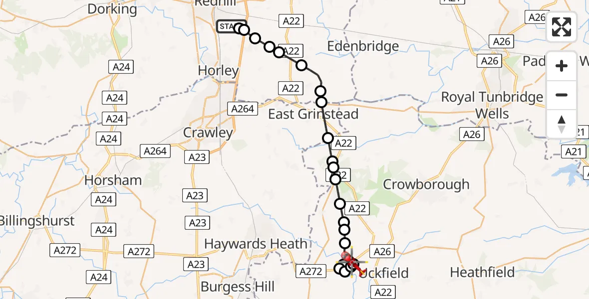 Flight route Air Ambulance Helicopter Redhill Aerodrome - Piltdown, 19 July 2026, 22:57