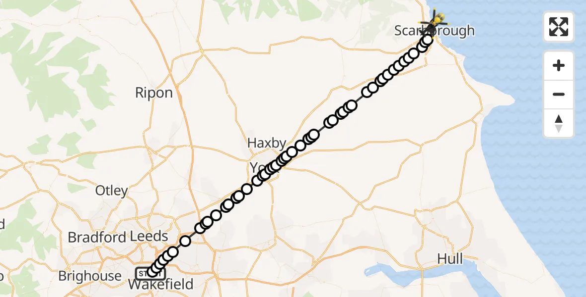 Flight route Police Helicopter East Ardsley - Scarborough, 19 July 2026, 23:15