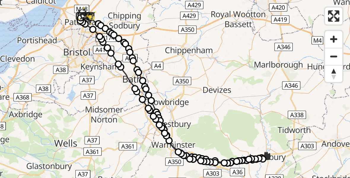 Flight route Police Helicopter Almondsbury Helicopter Base - Almondsbury Helicopter Base, 19 July 2026, 23:17