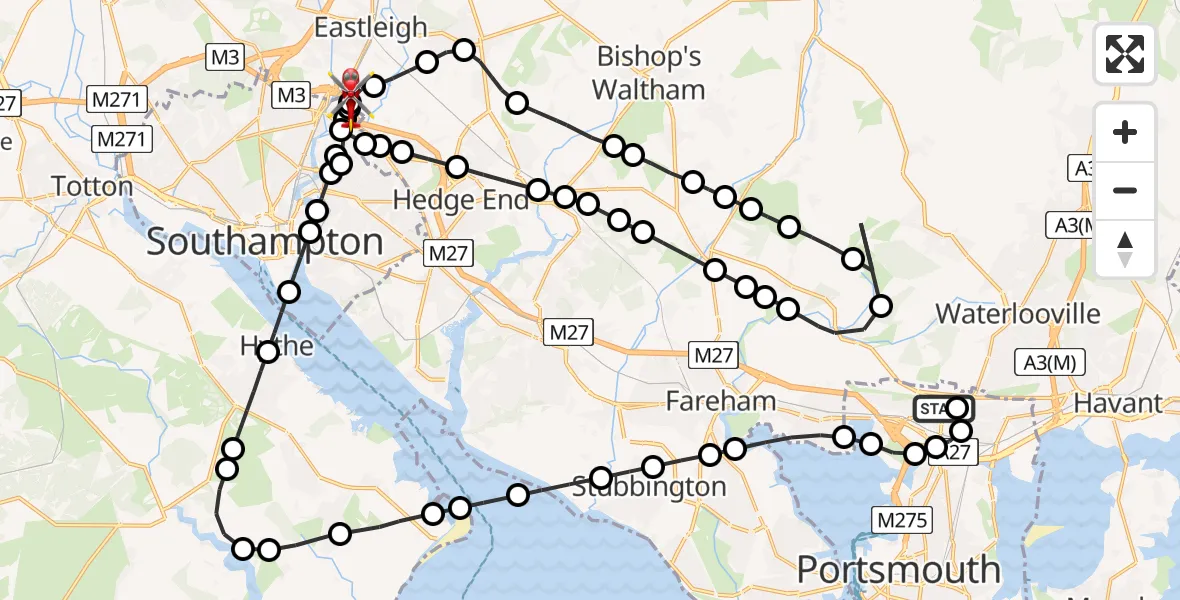 Flight route Air Ambulance Helicopter Queen Alexandra Hospital - Southampton Airport, 19 July 2026, 23:35