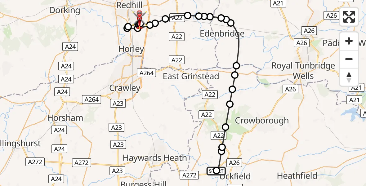 Flight route Air Ambulance Helicopter Piltdown Airstrip - Redhill Aerodrome, 20 July 2026, 00:04
