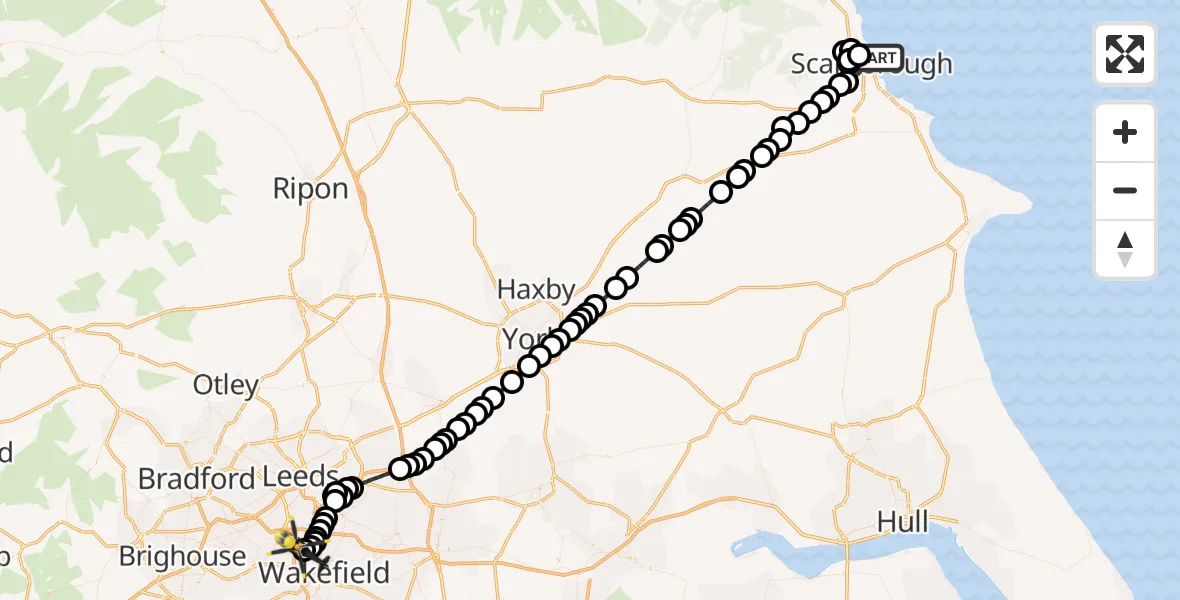 Flight route Police Helicopter Scarborough - East Ardsley, 20 July 2026, 00:06