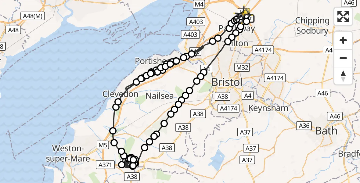 Flight route Police Helicopter Bristol - Almondsbury Helicopter Base, 20 July 2026, 01:01