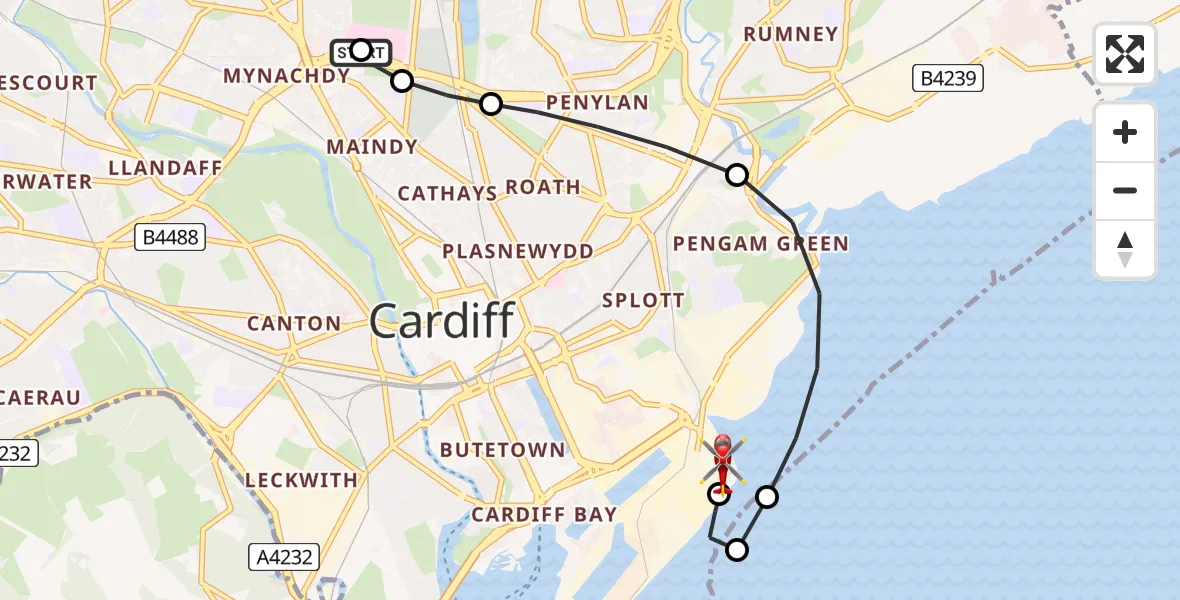 Flight route Air Ambulance Helicopter Birchgrove - Cardiff Heliport, 20 July 2026, 03:25