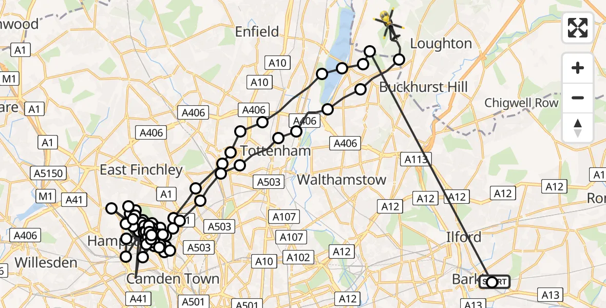 Flight route Police Helicopter Thames View - Metropolitan Police Air Support Unit Lippitts Hill, 20 July 2026, 06:07