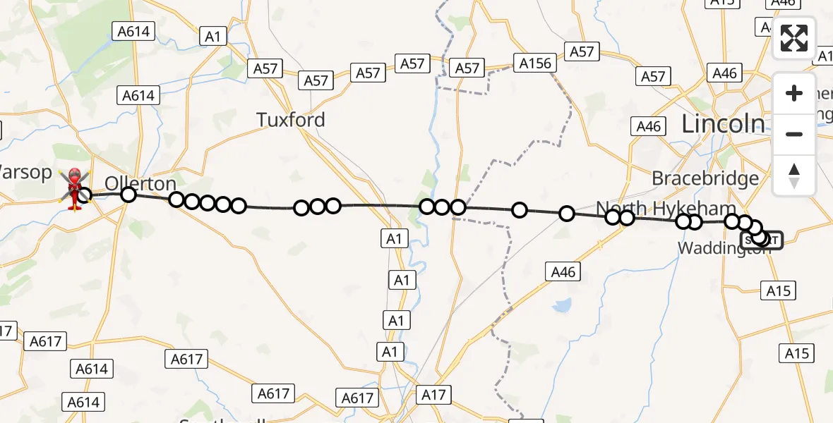 Flight route Air Ambulance Helicopter RAF Waddington - Edwinstowe CP, 20 July 2026, 06:46