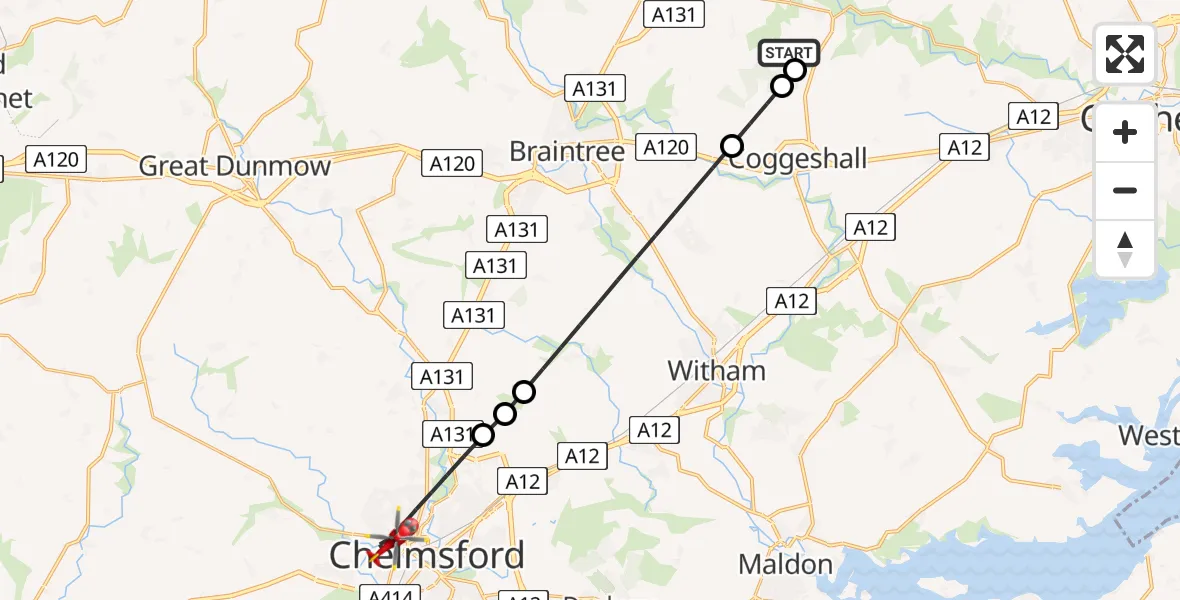 Flight route Air Ambulance Helicopter Earls Colne Airfield - Chelmsford, 20 July 2026, 07:05