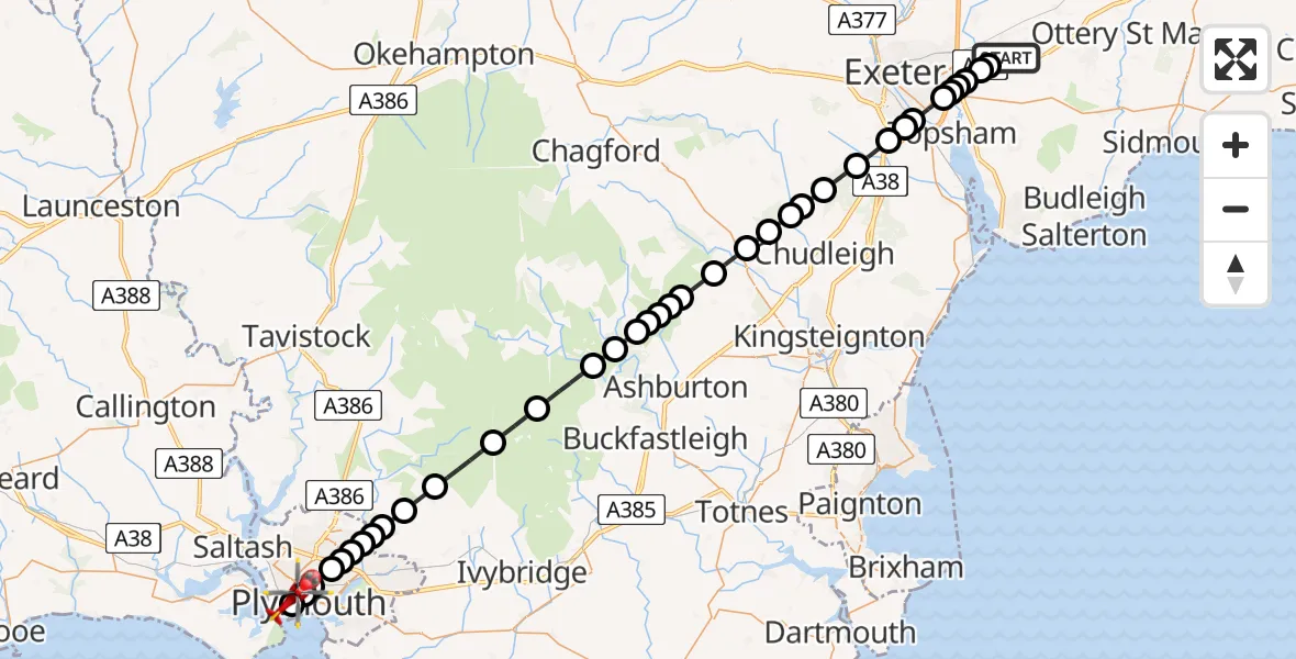 Flight route Air Ambulance Helicopter Exeter International Airport - Stonehouse, 20 July 2026, 07:08