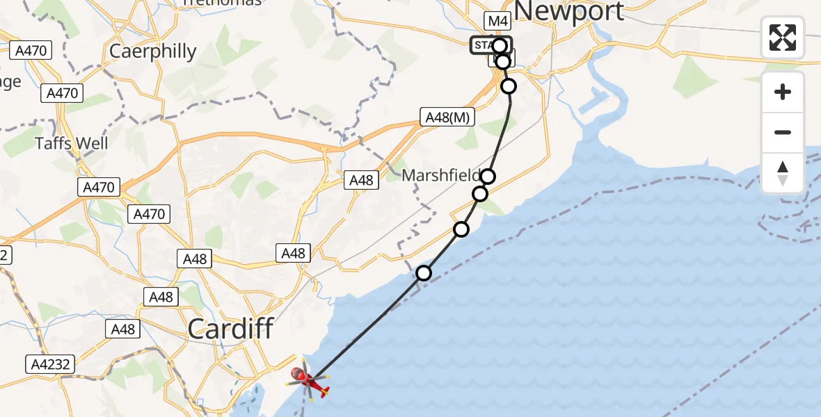 Flight route Air Ambulance Helicopter Bassaleg - Cardiff, 20 July 2026, 07:40