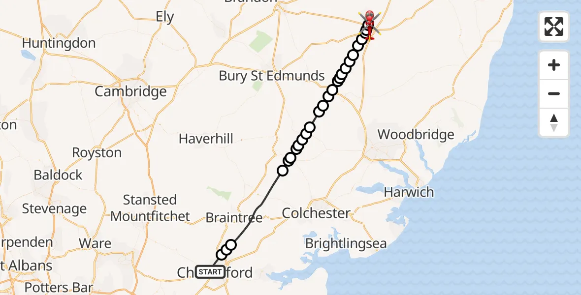 Flight route Air Ambulance Helicopter Chelmsford - Diss, 20 July 2026, 07:48