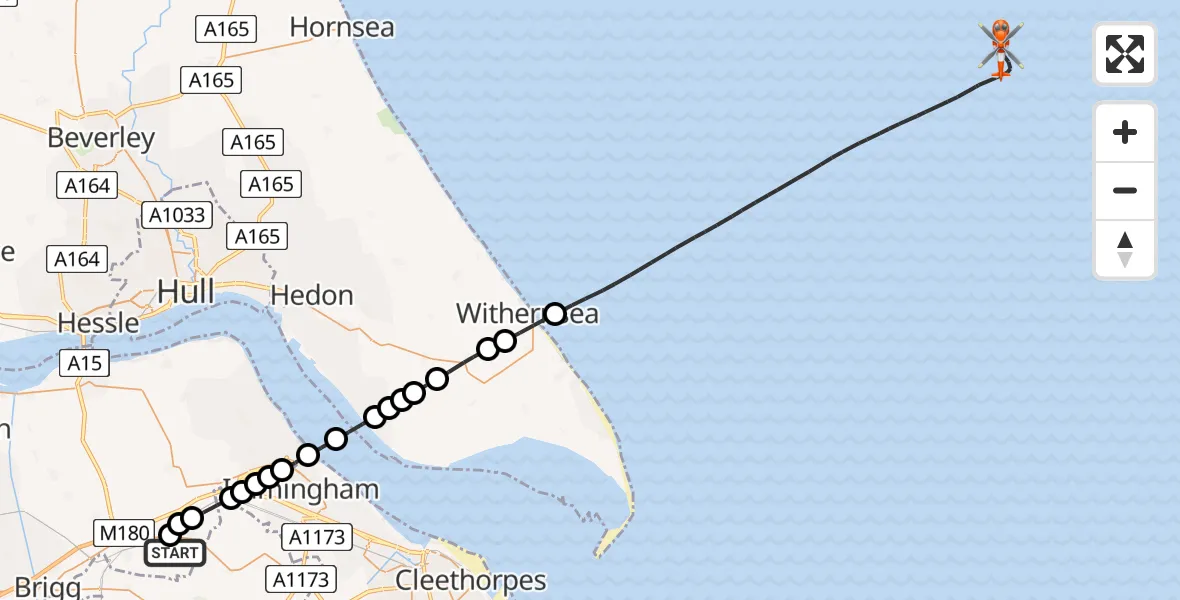 Flight route Coastguard Helicopter Humberside Airport - North Sea, 20 July 2026, 07:50