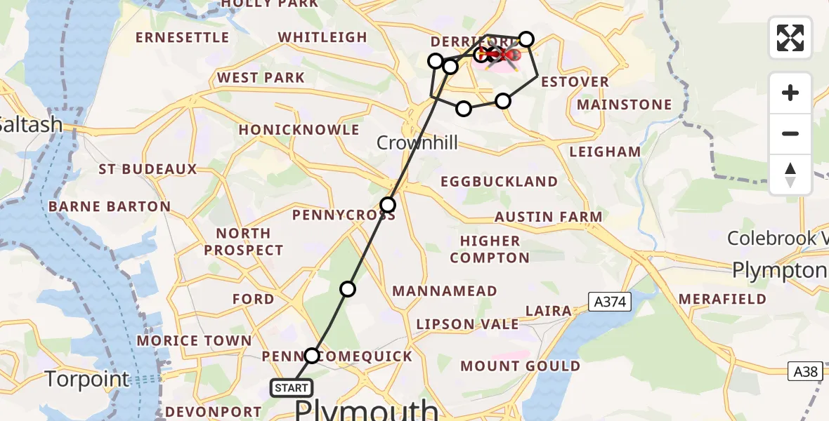 Flight route Air Ambulance Helicopter Stonehouse - Derriford Hospital, 20 July 2026, 07:52