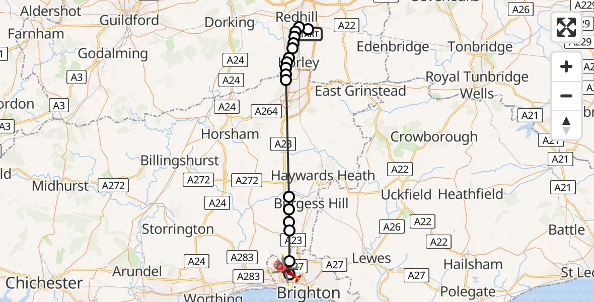 Flight route Air Ambulance Helicopter Redhill Aerodrome - Portslade by Sea, 20 July 2026, 08:06