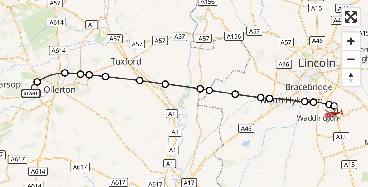 Flight route Air Ambulance Helicopter Edwinstowe CP - North Kesteven, 20 July 2026, 08:22