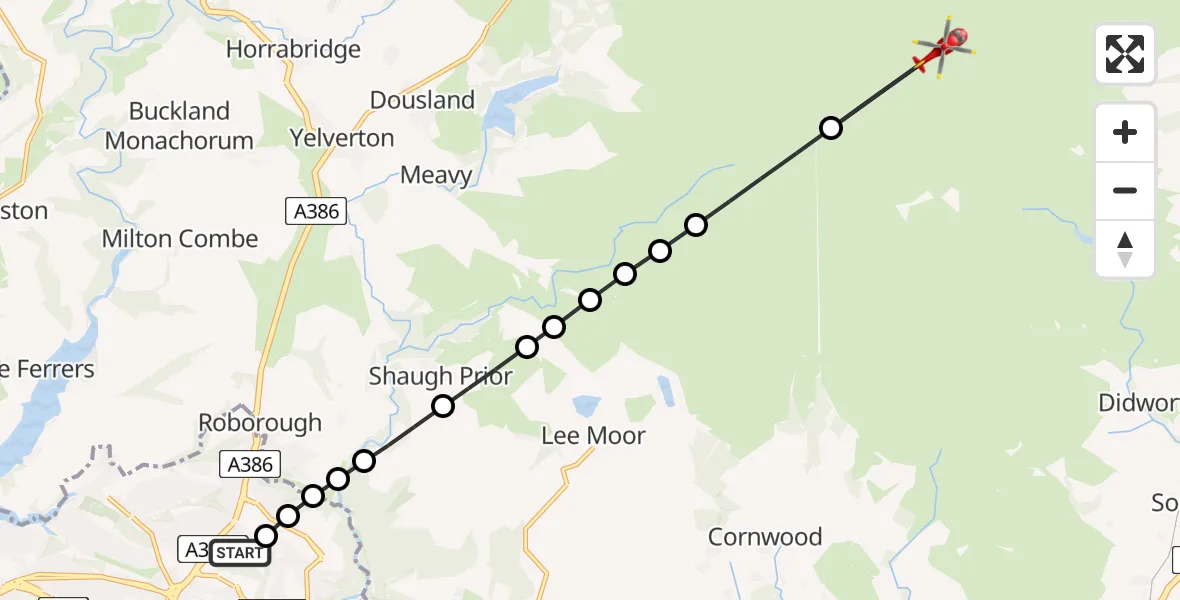 Flight route Air Ambulance Helicopter Derriford Hospital - West Devon, 20 July 2026, 08:25