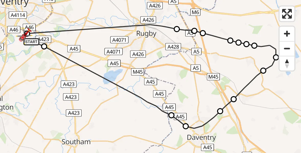 Flight route Air Ambulance Helicopter Warwick - Coventry Airport, 20 July 2026, 08:47